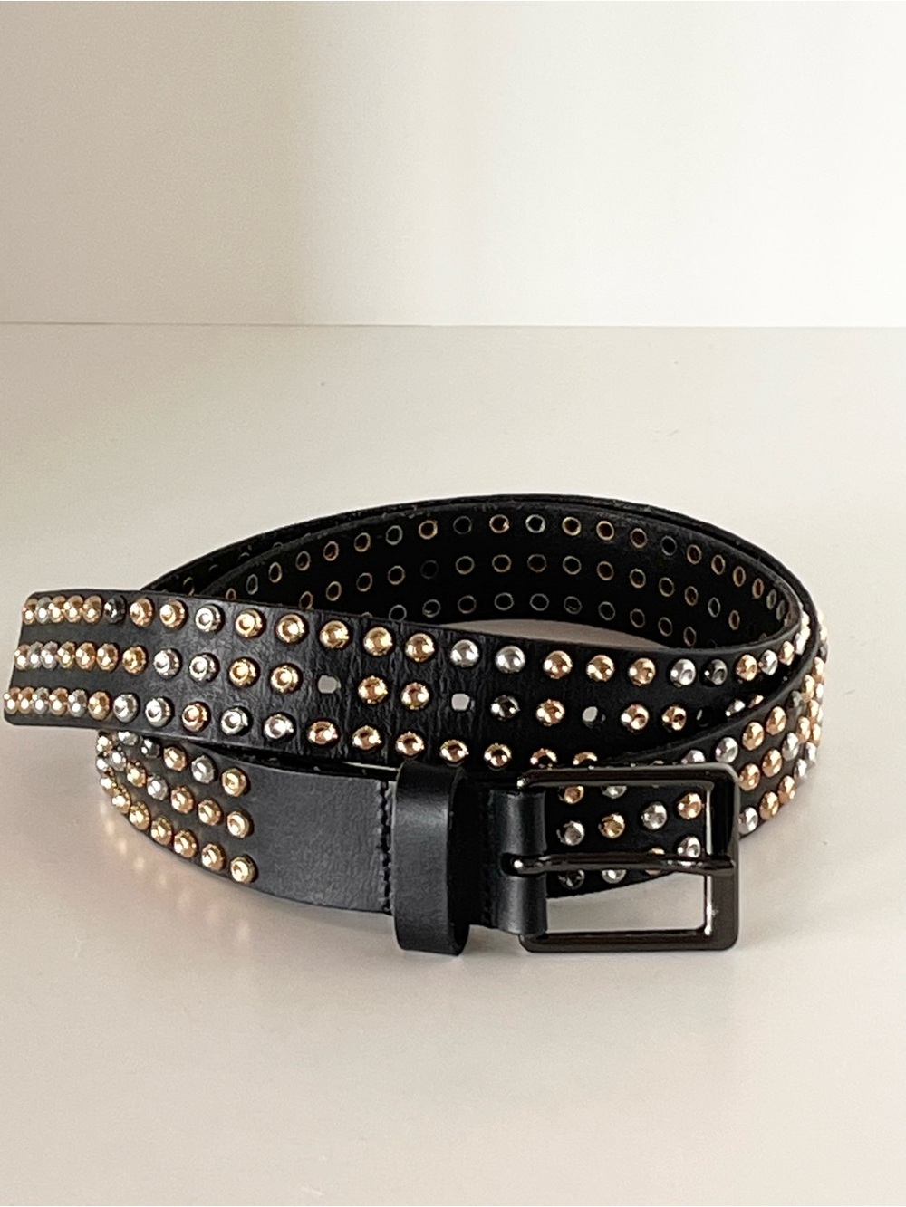 PRISTINE CAbi Studded Leather Belt Black & Sparkle Mixed Metal Studs XL - Picture 3 of 16